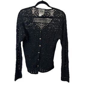 Curio New York Black Open Knit Button Up Crochet Long Sleeve Top Womens Size S